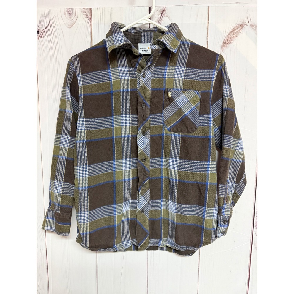 Carhartt Kids Flannel Shirt Large 14-16 Olive Green Blue Plaid 100% Cotton